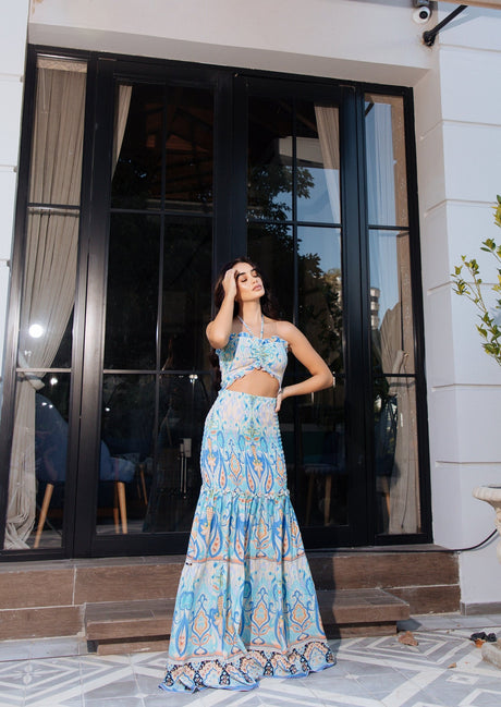 Vestido Largo Luxxel Frunce Esct Ab Estampado Azul