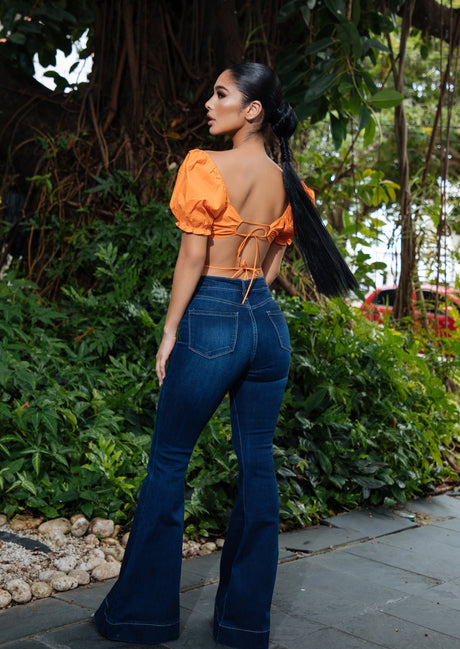 Blusa Top Toska Naranja Ecot Post Manga Bombacho